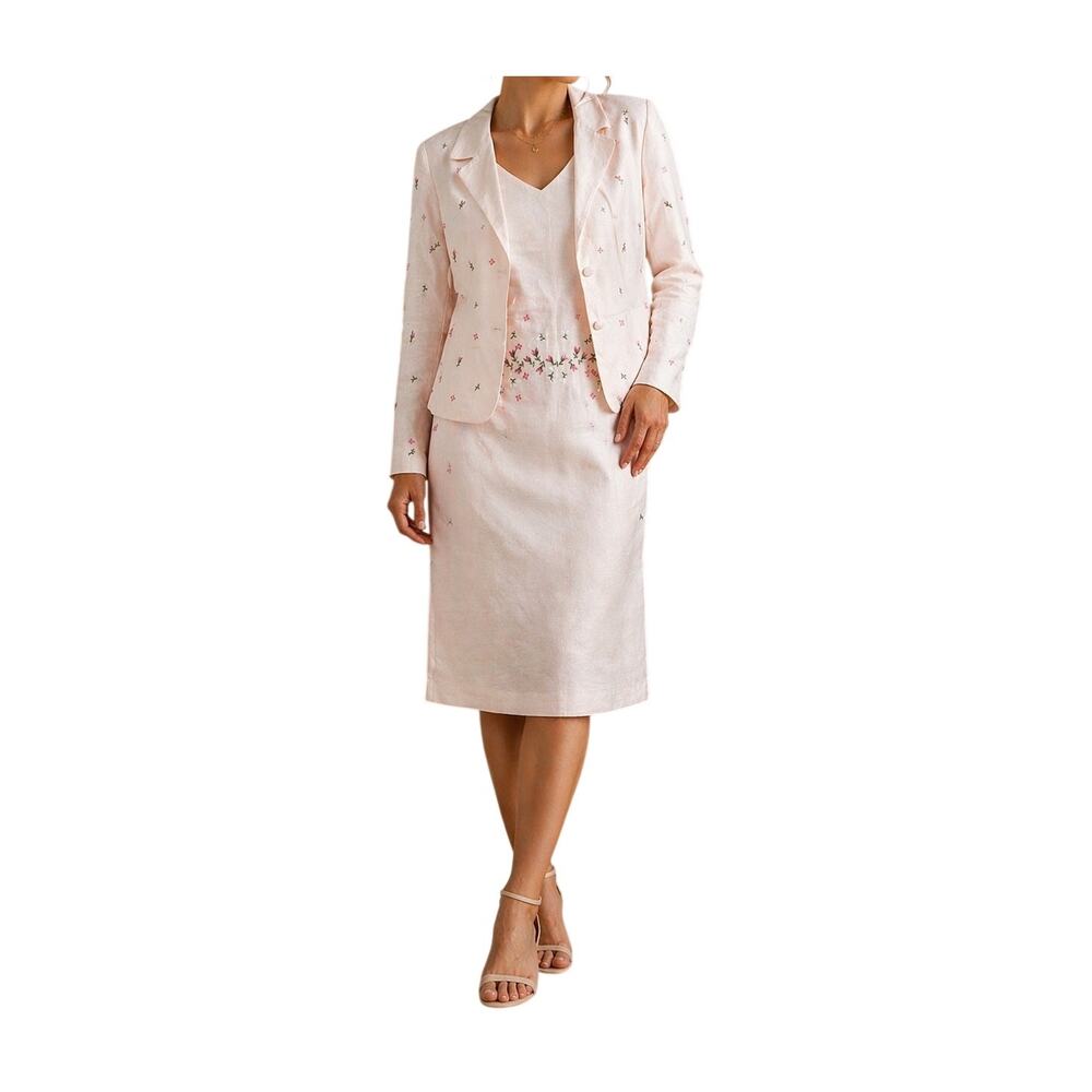 Vintage Silk Linen Pink Floral Embroidered Garden Party Dress Blazer Set Size 12